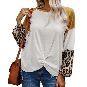 WAFFLE KNIT LEOPARD LONG SLEEVE BLOUSE TWIST KNOT